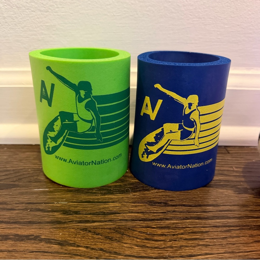Rare Aviator Nation Surfer Neon Green and Royal Blue Coozies